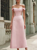 Elegant pink off-the-shoulder maxi dress by FJØRNA, flowing fabric with fitted bodice and ruffled sleeves, styled for summer occasions.