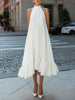FJØRNA pleated halter neck flowing asymmetric midi dress with pleats and elegant design, perfect for stylish occasions