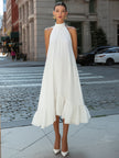 FJØRNA pleated halter neck flowing asymmetric midi dress with pleats and elegant design, perfect for stylish occasions