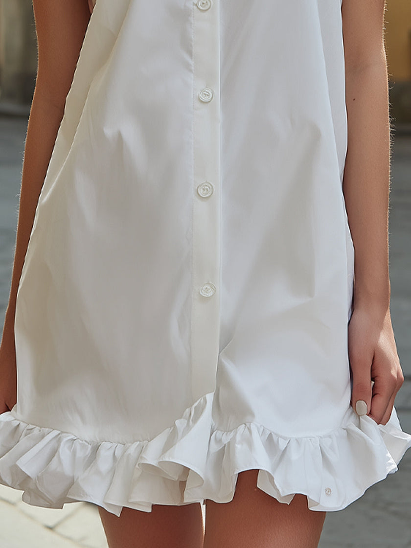 FJØRNA sleeveless button-front mini dress with ruffle-hem, casual chic shirt dress style, lightweight fabric, and feminine design.