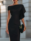 FJØRNA asymmetric one-shoulder draped midi dress with elegant design and flowing fabric, perfect for formal occasions.