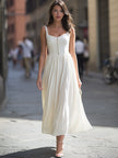 FJØRNA square-neck button-front gathered midi dress featuring long sleeves and a fitted waist, in a versatile fashion style.