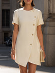FJØRNA round neck short sleeve asymmetrical button-down mini dress, stylish and modern with a unique hemline and tailored fit.