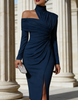 Red FJØRNA midi dress for women with high neck and pleated design, featuring a stylish and elegant silhouette.