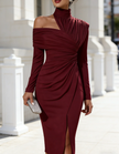 Red FJØRNA midi dress for women with high neck and pleated design, showcased on a model.