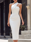 White asymmetric draped halter-neck midi dress by FJØRNA, elegant cocktail dress with flowing fabric and stylish design.