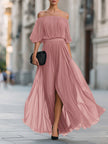 FJØRNA off-shoulder pleated chiffon maxi dress for wedding guests, featuring a flowing silhouette and elegant design.