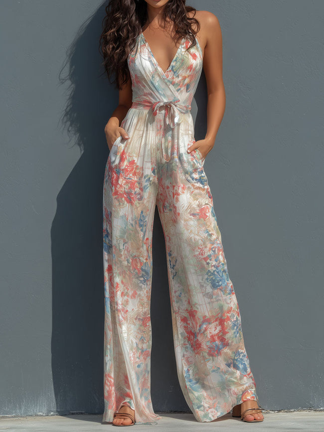 White floral satin halter neck jumpsuit with wrap front and wide-leg pants for women by FJØRNA.