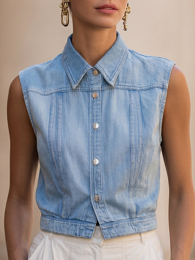 Light wash sleeveless denim vest by FJØRNA, women's button-down top with a casual sleeveless design and classic denim style.