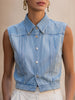 Light wash sleeveless denim vest by FJØRNA, women's button-down top with a casual sleeveless design and classic denim style.