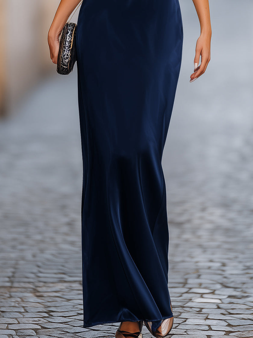 FJØRNA batwing sleeve fluid column maxi dress, elegant evening dress with flowing fabric and sophisticated silhouette.
