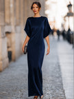 FJØRNA batwing sleeve fluid column maxi dress with elegant design, perfect for evening wear, in a flowing fabric.