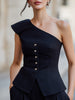 Navy blue FJØRNA women's one-shoulder peplum top with button details, structured fit, and elegant style.