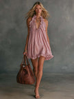 FJØRNA V-neck mini dress, casual style, lightweight fabric, sleeveless design, in a neutral color, suitable for everyday wear
