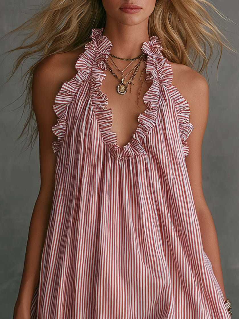 FJØRNA V-neck mini dress in casual style, showing a fitted silhouette with short sleeves and a simple V-neck design.