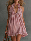 FJØRNA V-neck mini casual dress with short sleeves and soft fabric, perfect for everyday wear.