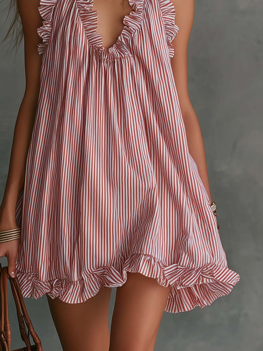 FJØRNA V-neck mini casual dress with short sleeves and fitted waist, stylish and comfortable for everyday wear