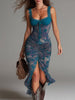 FJØRNA women's midi dress featuring retro floral oil painting print with lace trim, showcasing a flowy, vintage-inspired design.