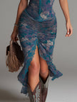 FJØRNA retro floral oil painting print women's midi dress with lace trim, stylish and elegant summer dress.