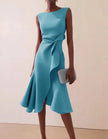Pink midi dress for women by FJØRNA featuring a round neck, ruffle details, bow accents, and sleeveless design.