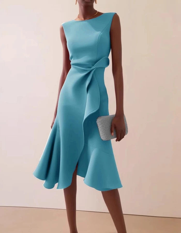 Pink midi dress for women by FJØRNA featuring a round neck, ruffle details, bow accents, and sleeveless design.