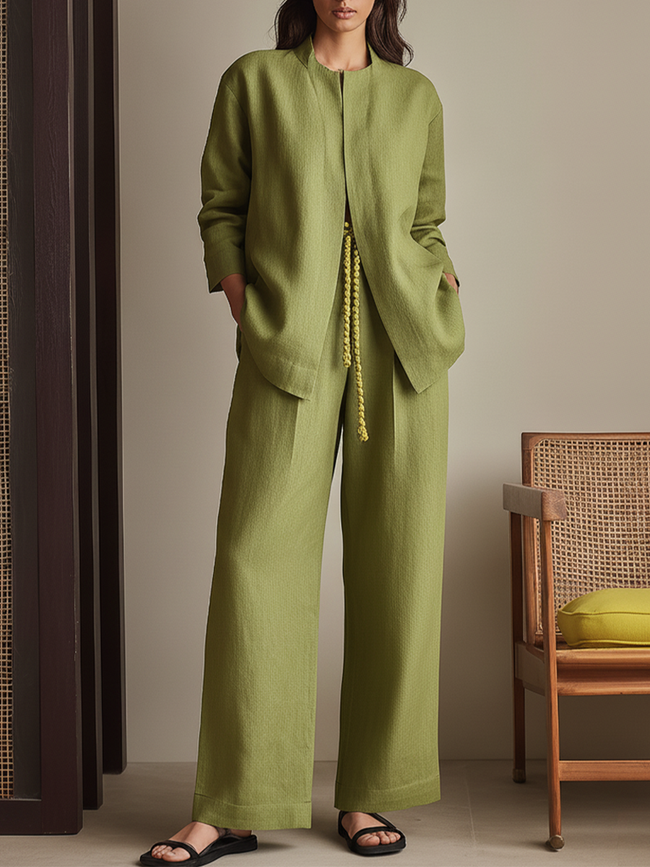FJØRNA linen summer two-piece women's co-ord set with wide-leg pants and drawstring top, lightweight and stylish for warm weather