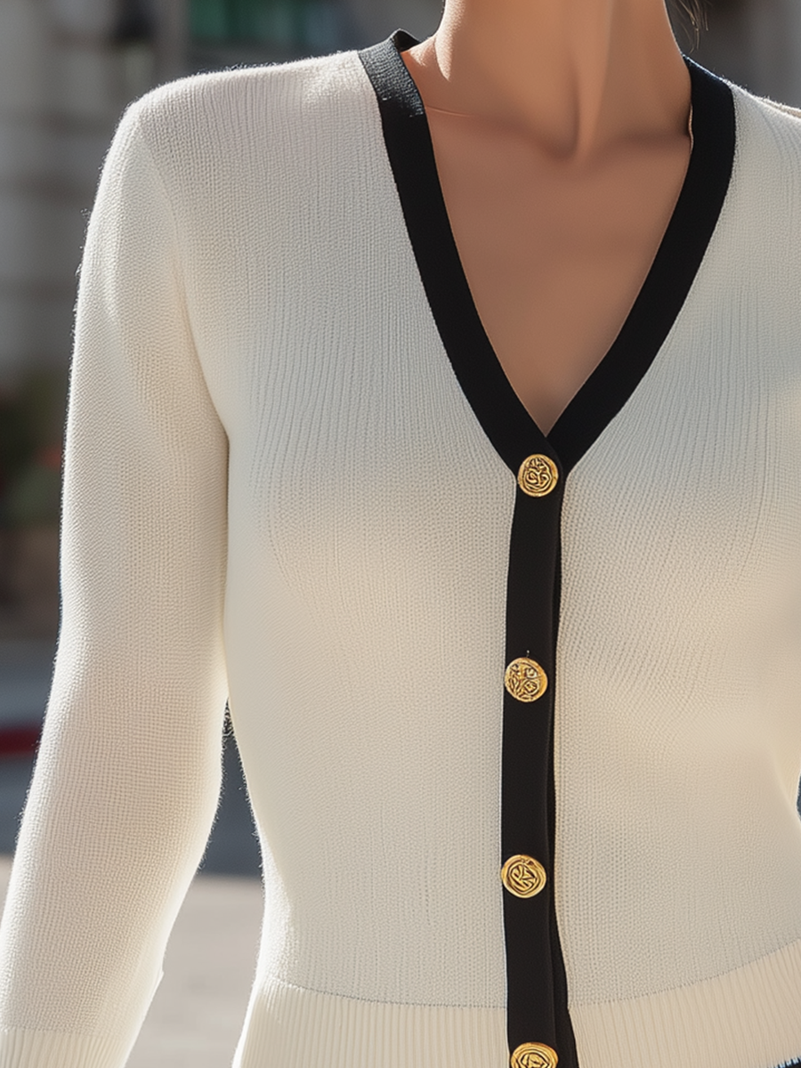 V-Neck Button-Front Knit Cardigan Top with Contrast Trim and Gold Buttons for Women