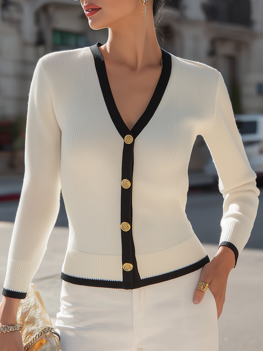 V-Neck Button-Front Knit Cardigan Top with Contrast Trim and Gold Buttons for Women