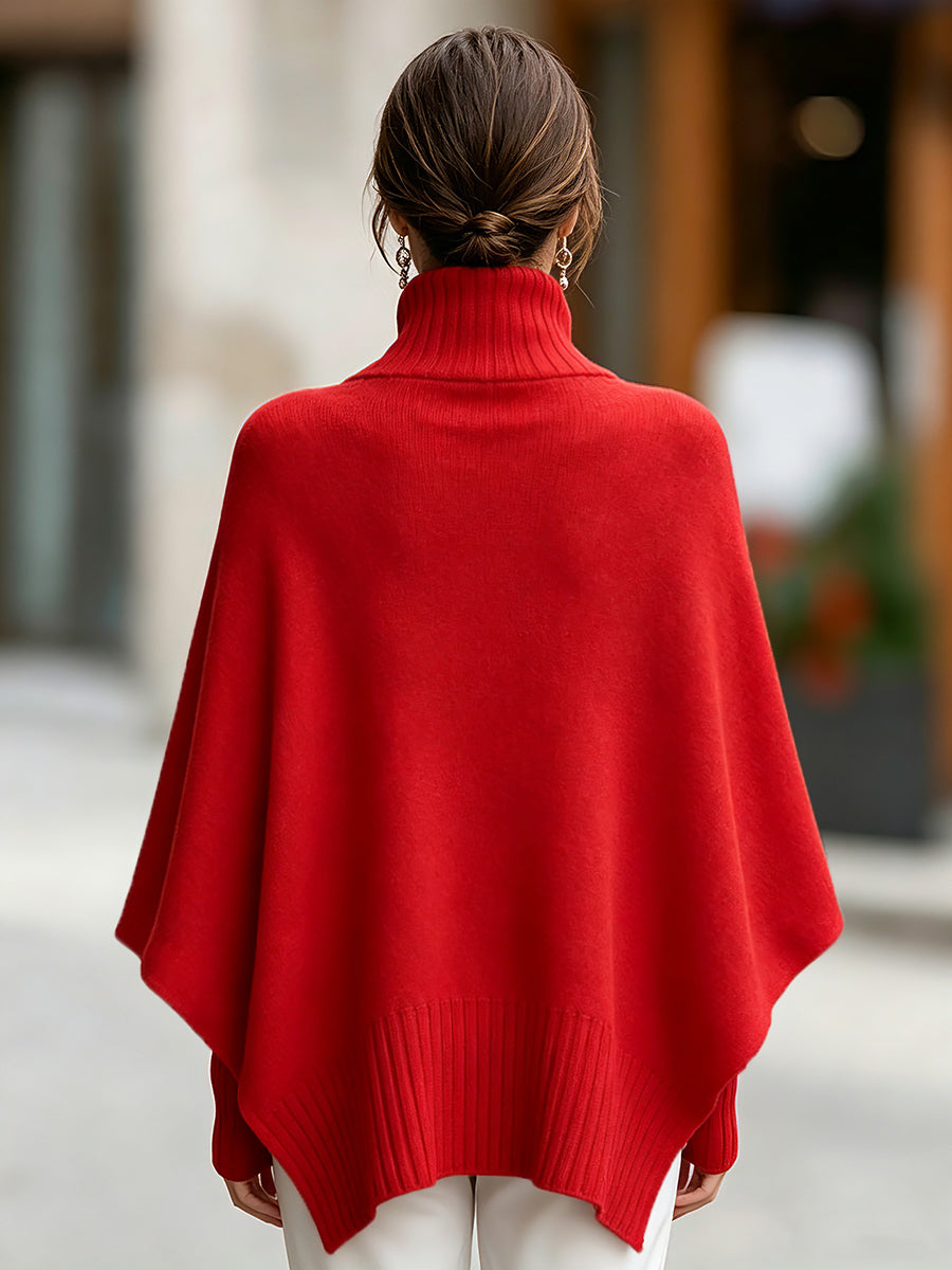 Red Asymmetric Poncho Sweater with Ribbed Turtleneck and Fitted Sleeves for Women