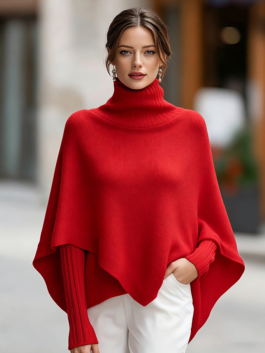 Red Asymmetric Poncho Sweater with Ribbed Turtleneck and Fitted Sleeves for Women