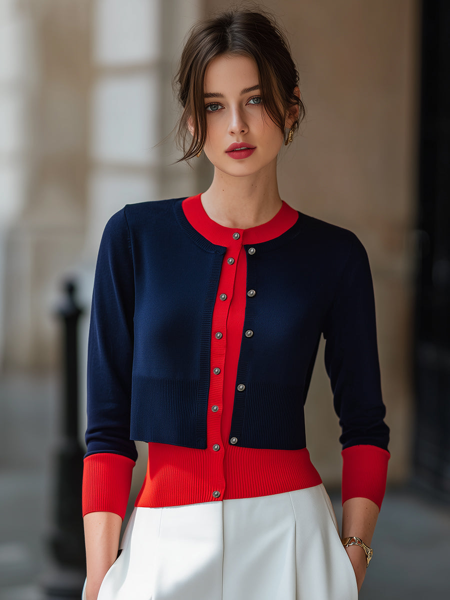 Navy and Red Layered-Look Knit Cardigan Color-Block Button-Down for Women