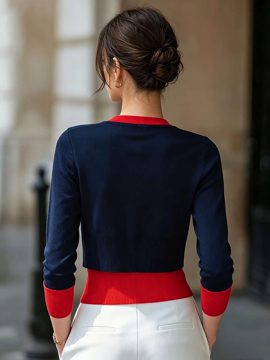 Navy and Red Layered-Look Knit Cardigan Color-Block Button-Down for Women