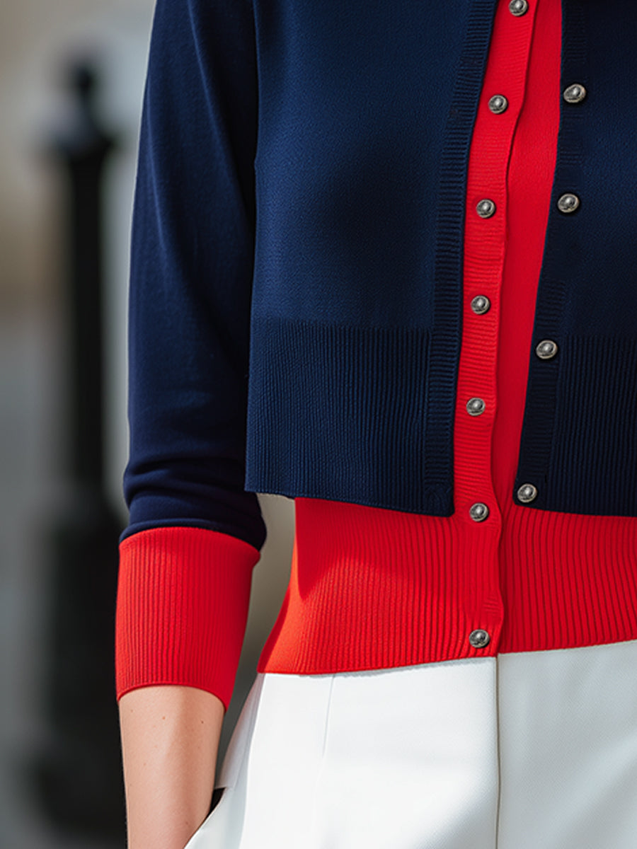 Navy and Red Layered-Look Knit Cardigan Color-Block Button-Down for Women