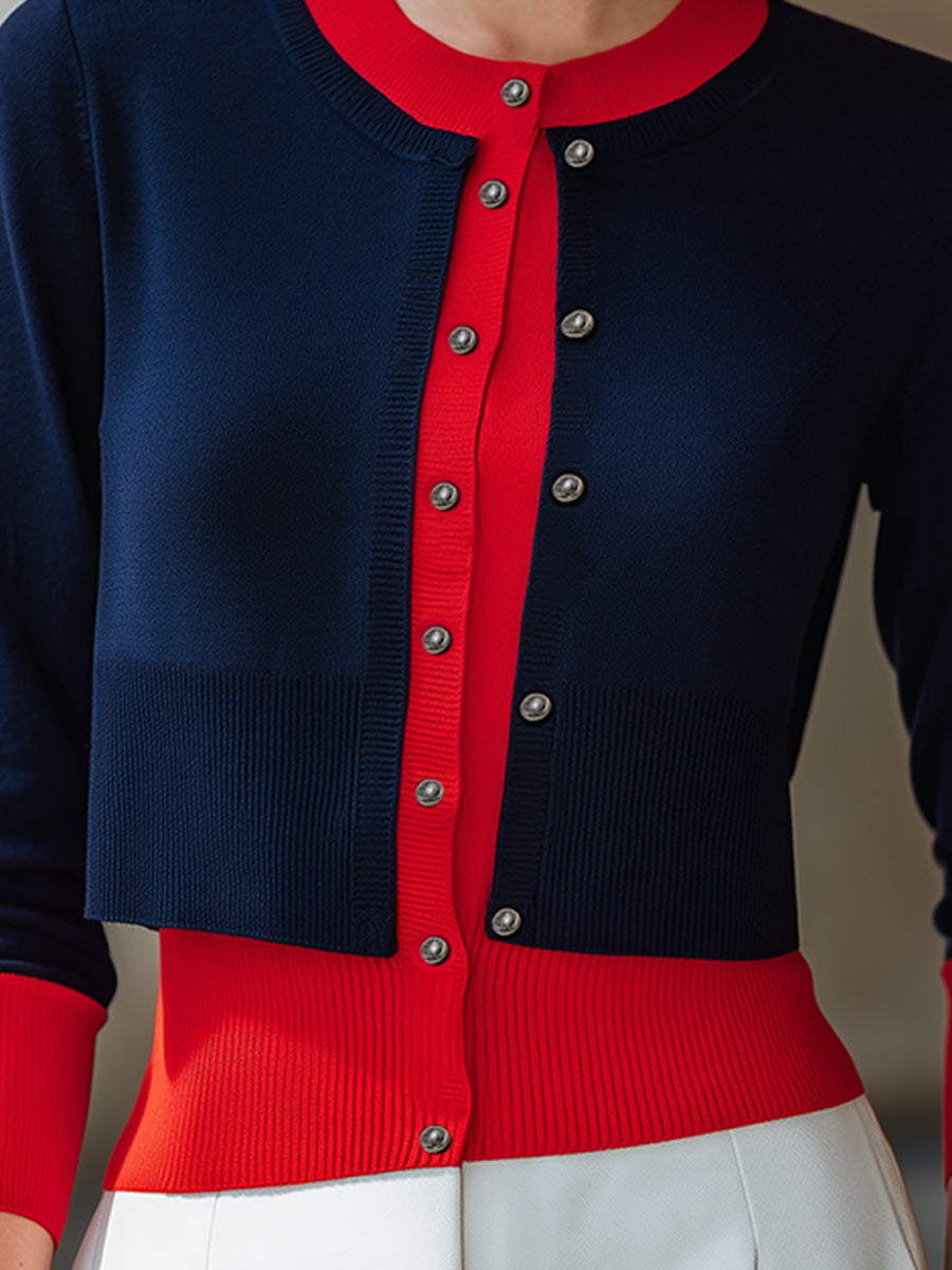 Navy and Red Layered-Look Knit Cardigan Color-Block Button-Down for Women