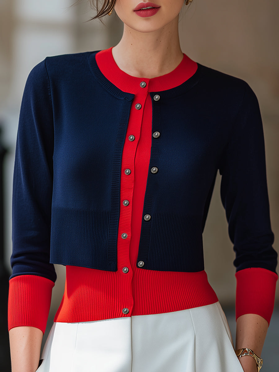 Navy and Red Layered-Look Knit Cardigan Color-Block Button-Down for Women