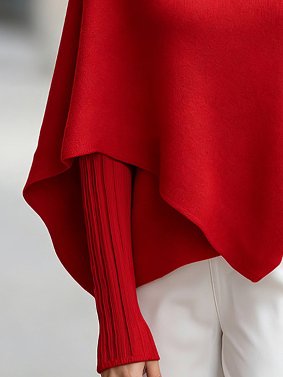 Red Asymmetric Poncho Sweater with Ribbed Turtleneck and Fitted Sleeves for Women