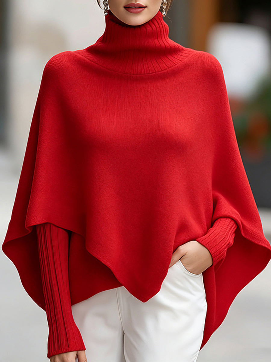 Red Asymmetric Poncho Sweater with Ribbed Turtleneck and Fitted Sleeves for Women