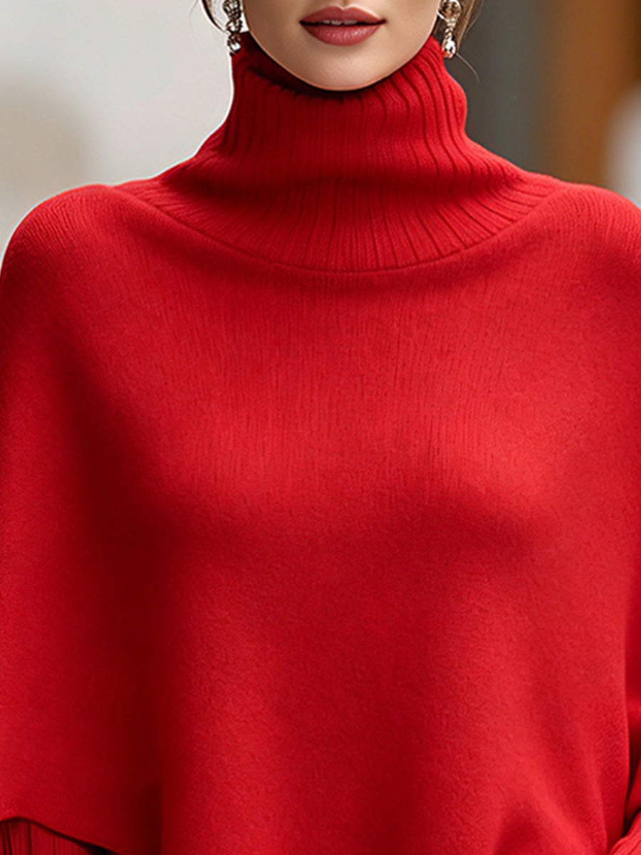 Red Asymmetric Poncho Sweater with Ribbed Turtleneck and Fitted Sleeves for Women