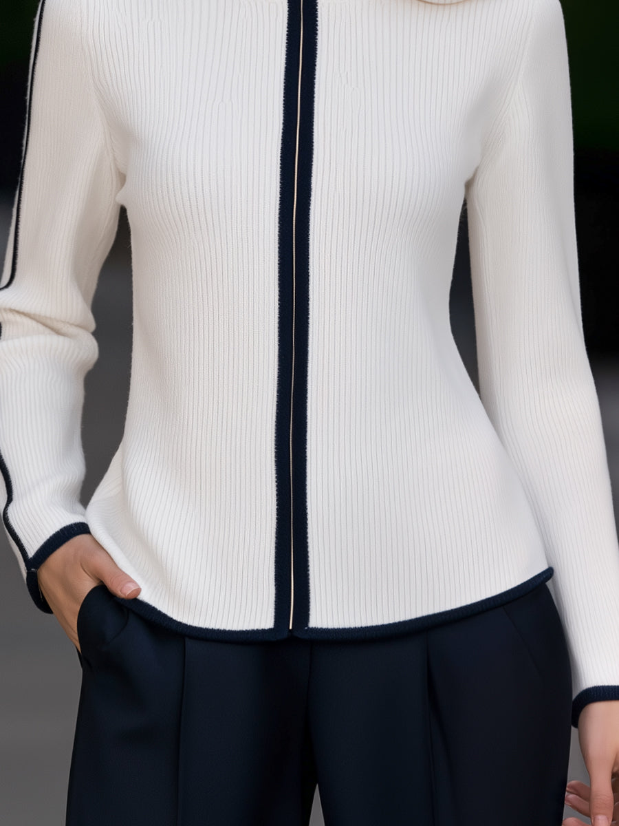 Zip-Up Ribbed Knit Cardigan Jacket with High Stand Collar and Contrast Trim for Women