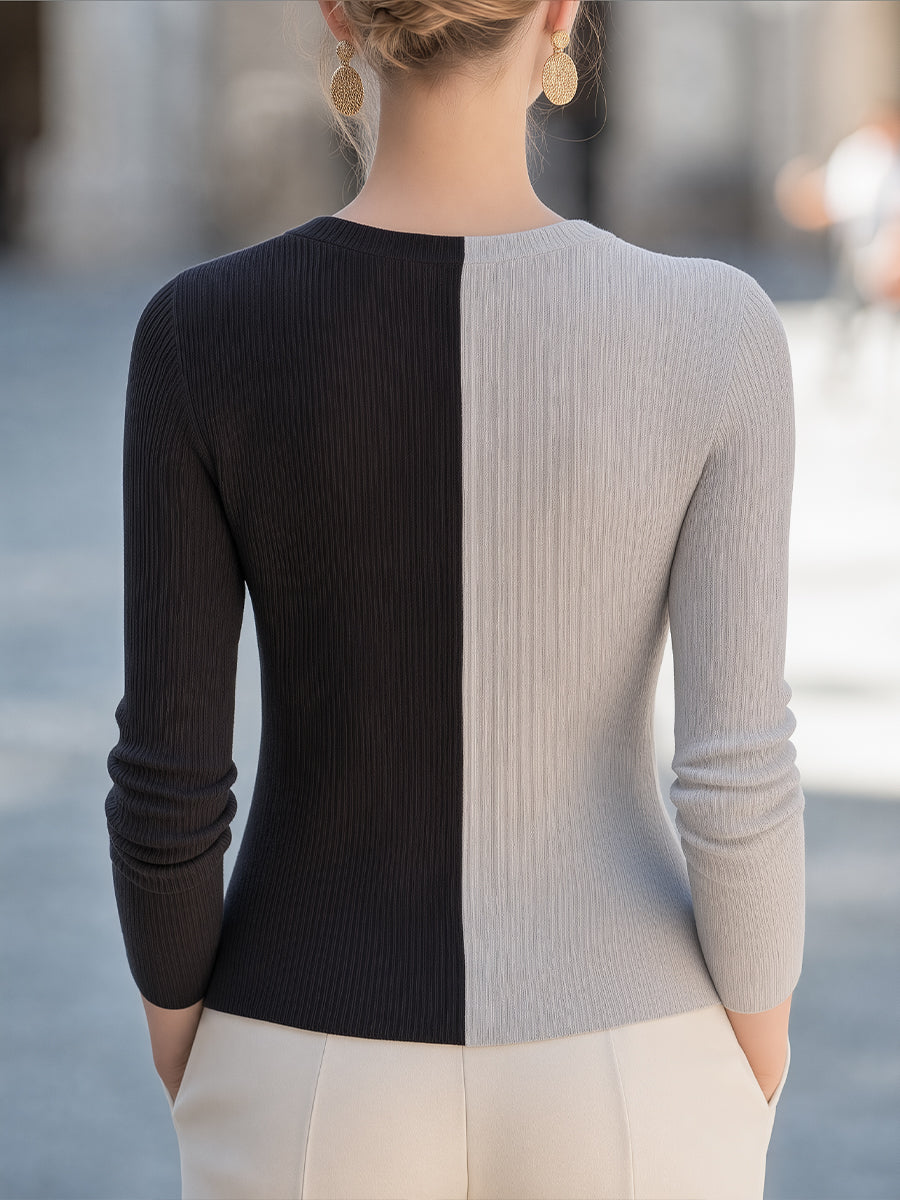 Color-Block Ribbed Knit Top with Asymmetric Button Front for Women
