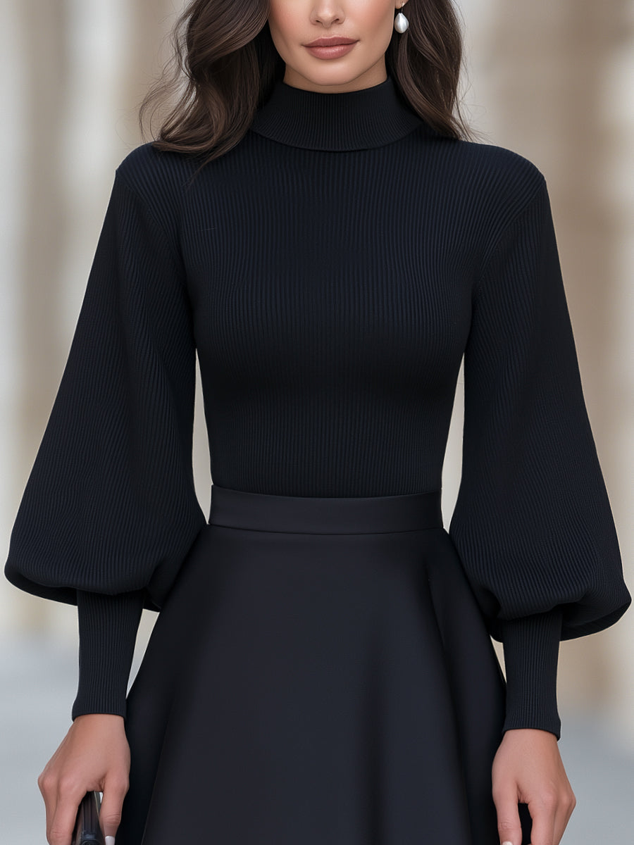 Ribbed Knit Mock-Neck Top with Puff Sleeves Fitted for Women