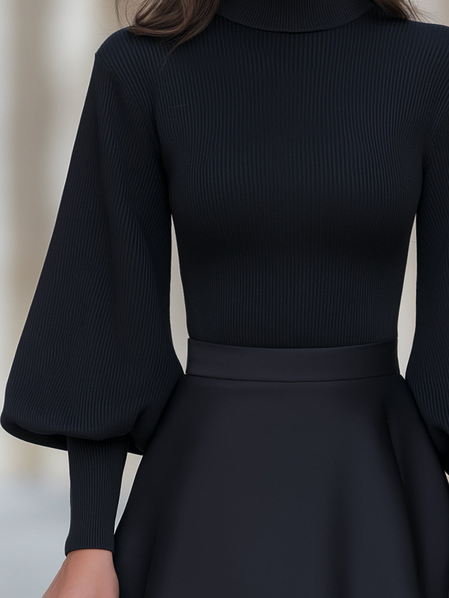 Ribbed Knit Mock-Neck Top with Puff Sleeves Fitted for Women
