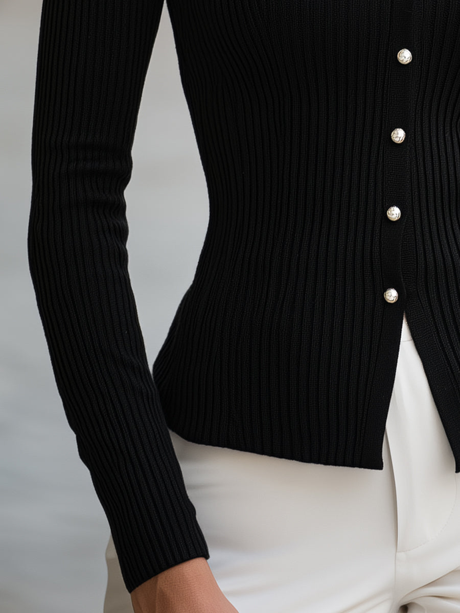 Black Ribbed Polo-Collar Sweater with V-Neck and Faux Pearl Buttons for Women
