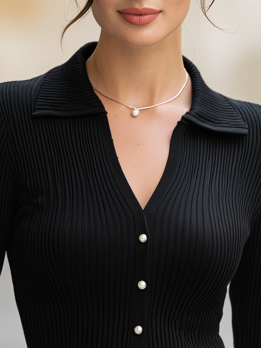 Black Ribbed Polo-Collar Sweater with V-Neck and Faux Pearl Buttons for Women