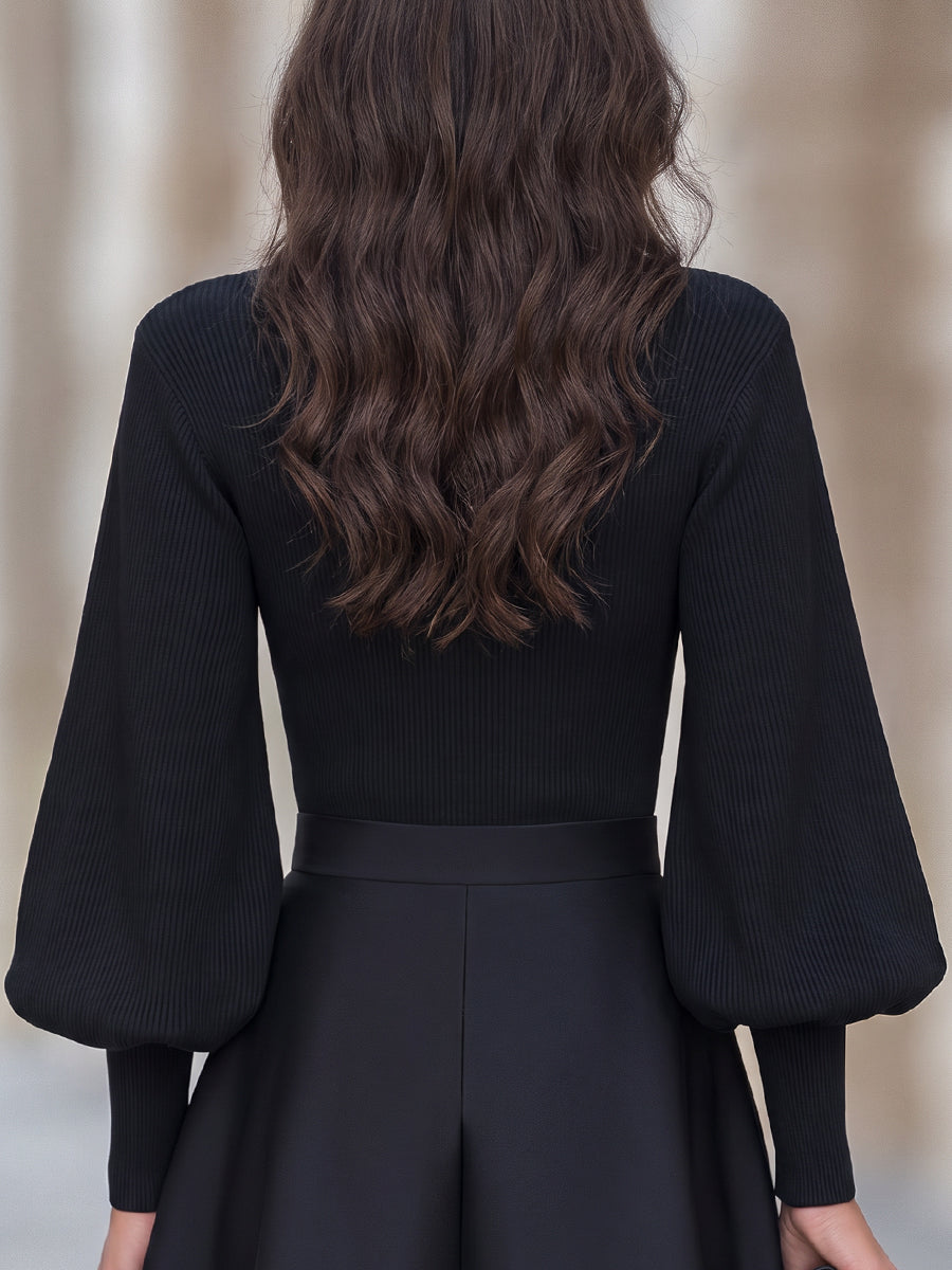 Ribbed Knit Mock-Neck Top with Puff Sleeves Fitted for Women