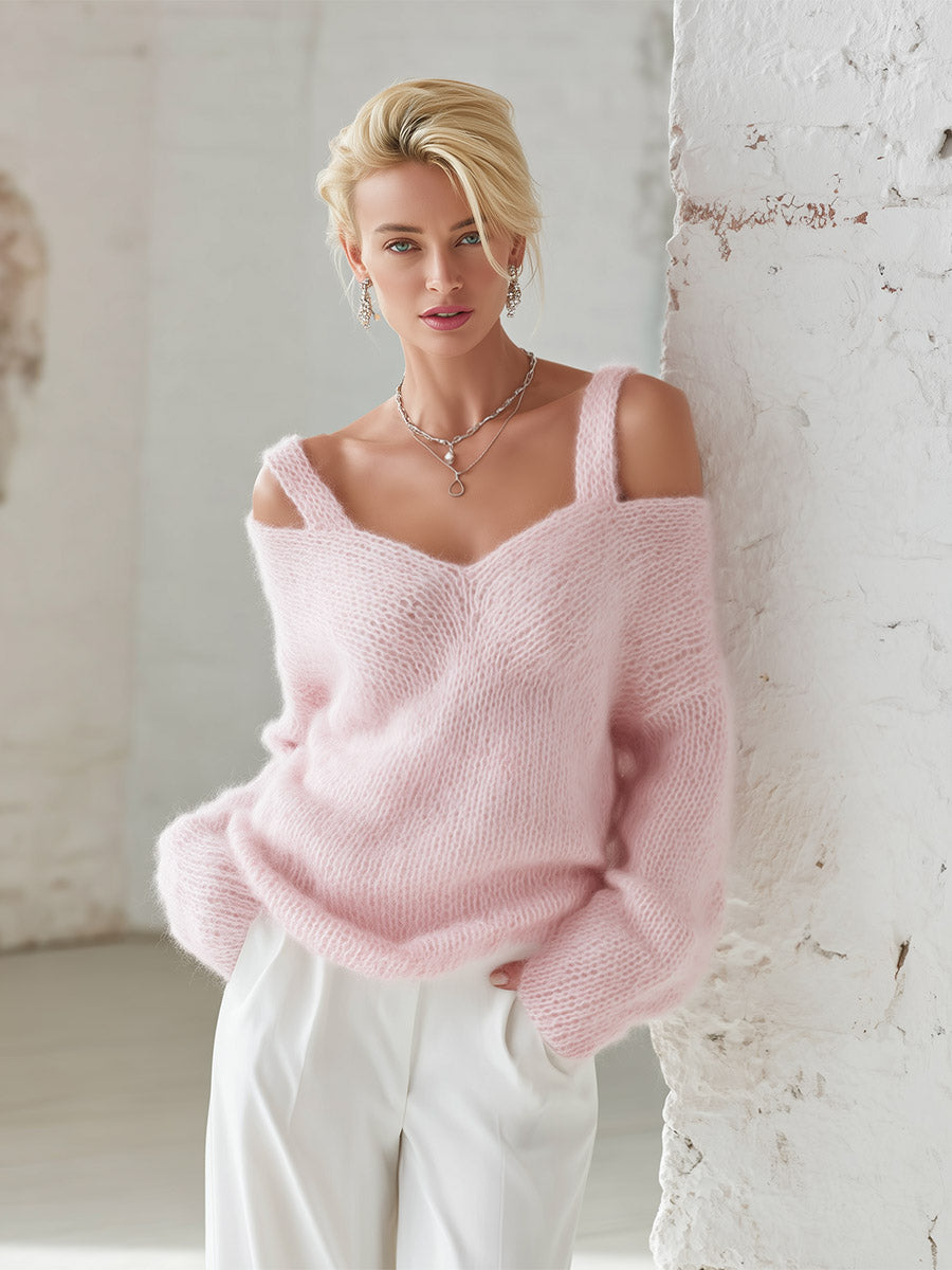 Pink Knit Sweater with Dual-Strap Detail Relaxed Fit for Women