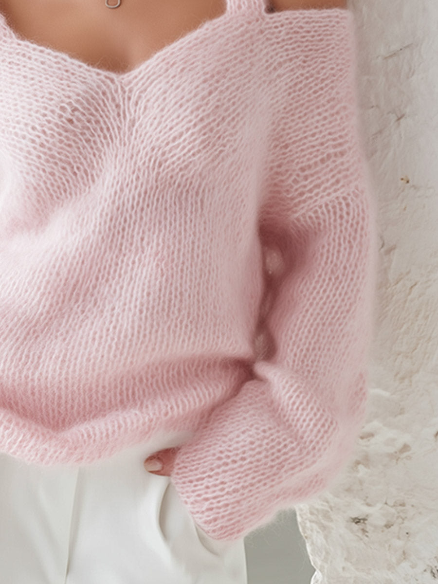Pink Knit Sweater with Dual-Strap Detail Relaxed Fit for Women