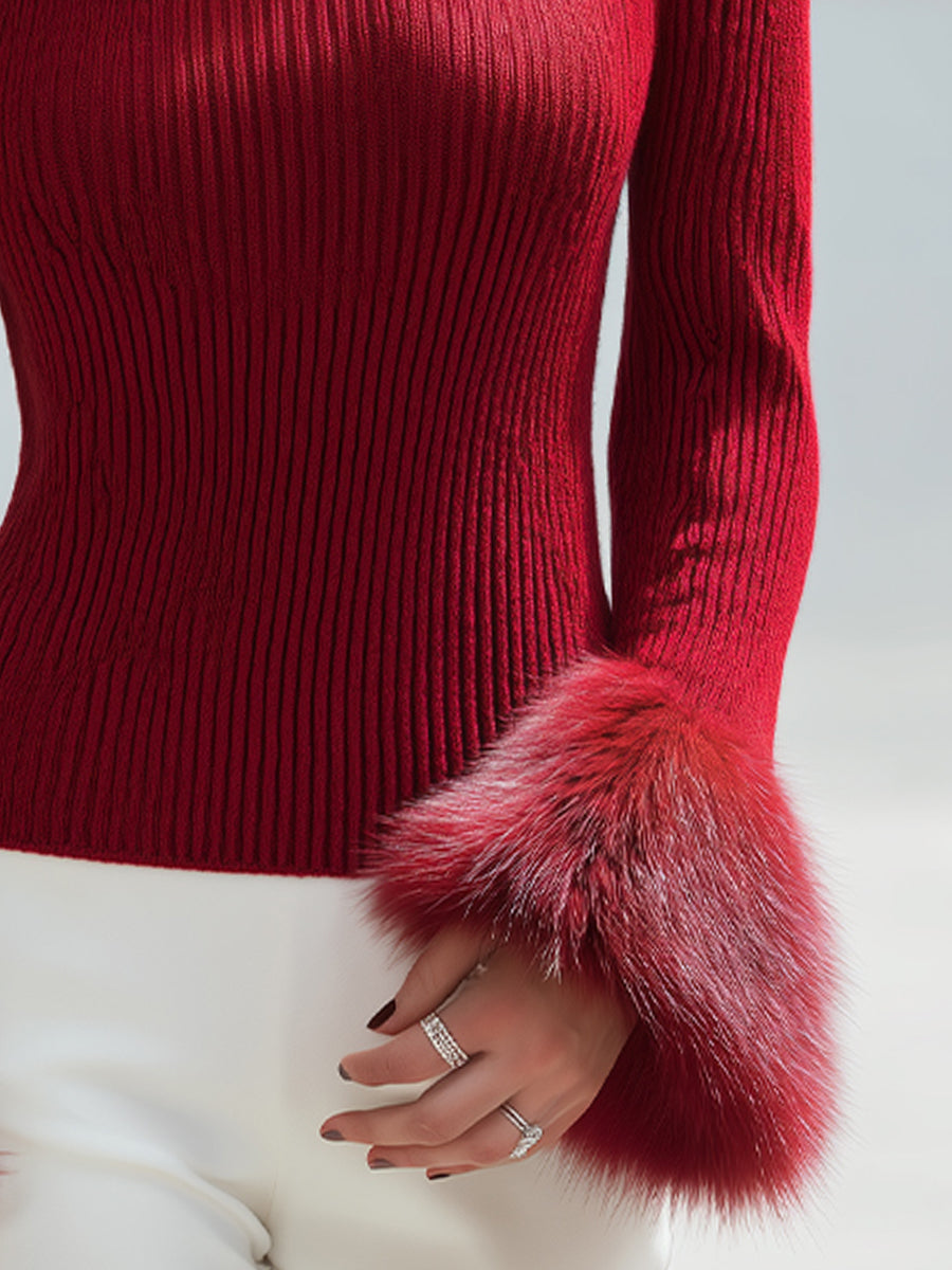 Red Boat-Neck Ribbed Knit Sweater with Faux Fur Cuffs Slim Fit for Women