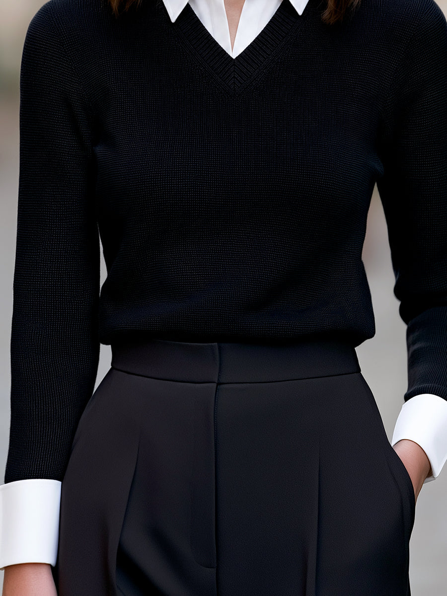 Faux Two-Piece V-Neck Knit Sweater with Contrast Shirt Collar and Cuffs for Women