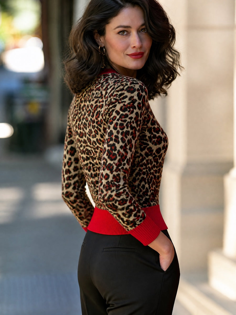 Leopard Print Knit Top Crew Neck with Contrast Ribbed Trim Long Sleeve for Women